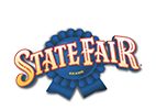 image features the STATE FAIR text in bold, vintage-style lettering. The words are set against a blue ribbon rosette, evoking a classic fair or award theme